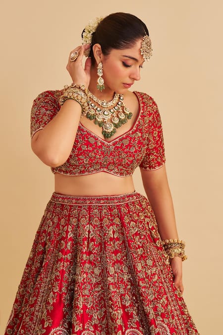 Buy_Sheetal Batra_Red , Organza Embroidery, Zari, Sequins Mahanoor Bridal Lehenga Set 