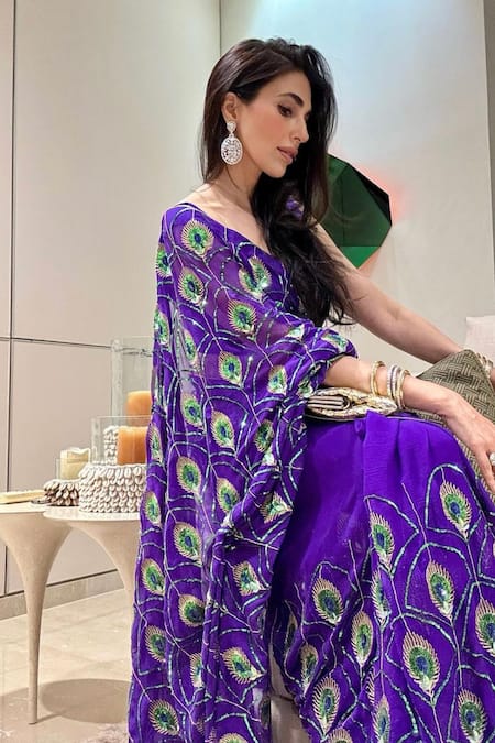 Buy_Atelier Shikaarbagh_Purple , Chiffon, Satin Embroidery Round Neck Saree With Blouse _Online_at_Aza_Fashions