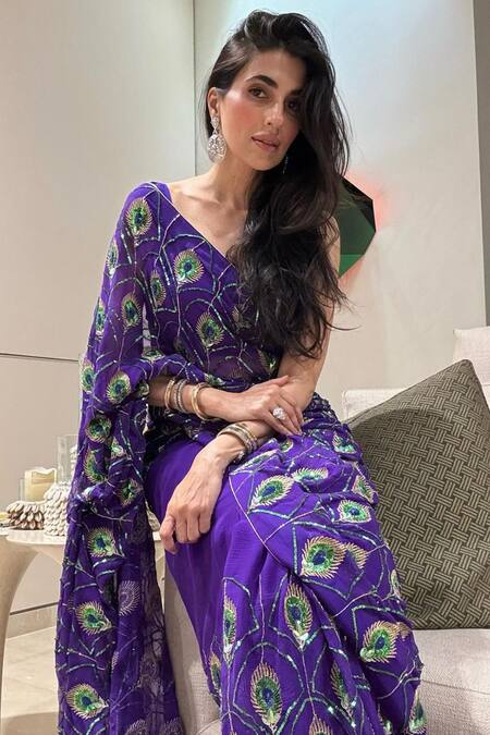 Atelier Shikaarbagh_Purple , Chiffon, Satin Embroidery Round Neck Saree With Blouse _at_Aza_Fashions