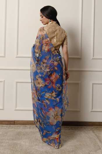 Buy_Atelier Shikaarbagh_Blue Chiffon, Chanderi Printed Saree With Unstitched Blouse Piece 