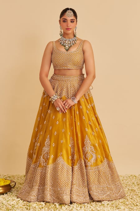 Shop_Sheetal Batra_Mustard Silk, Tissue Embroidery, Zari, Sequins, Stones, Aashina Lehenga Set 
