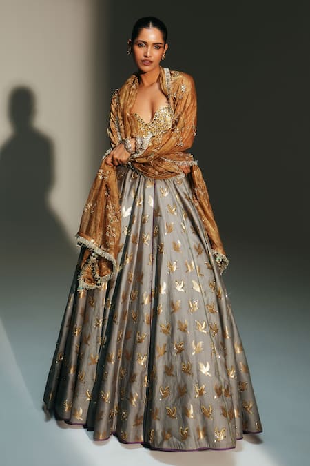 Mahima Mahajan_Gray Chanderi Silk, Tissue Embroidery, Hina Banarasi Bird Motif Lehenga Set _Online_at_Aza_Fashions