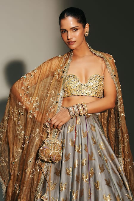 Shop_Mahima Mahajan_Gray Chanderi Silk, Tissue Embroidery, Hina Banarasi Bird Motif Lehenga Set _Online_at_Aza_Fashions