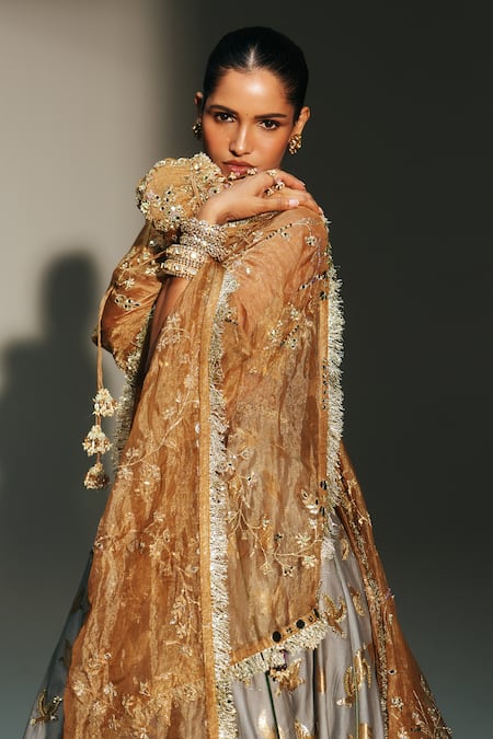 Buy_Mahima Mahajan_Gray Chanderi Silk, Tissue Embroidery, Hina Banarasi Bird Motif Lehenga Set 