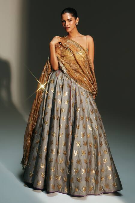 Shop_Mahima Mahajan_Gray Chanderi Silk, Tissue Embroidery, Hina Banarasi Bird Motif Lehenga Set 