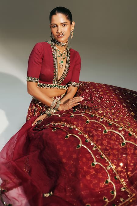 Mahima Mahajan_Red Chanderi , Organza Embroidery, Laxmi Hand Bridal Lehenga Set _Online_at_Aza_Fashions