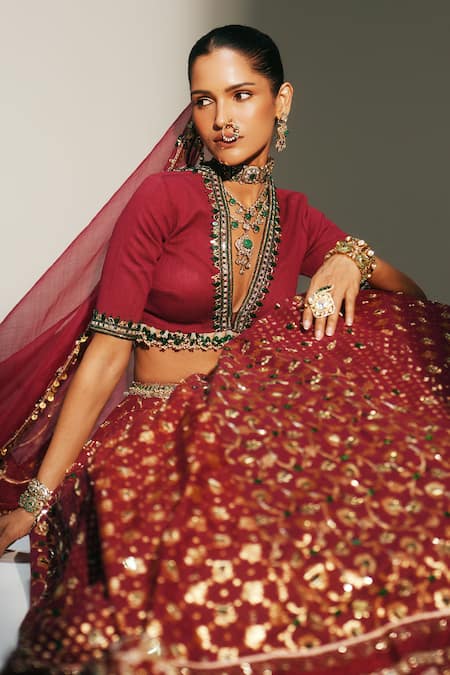 Buy_Mahima Mahajan_Red Chanderi , Organza Embroidery, Laxmi Hand Bridal Lehenga Set _Online_at_Aza_Fashions