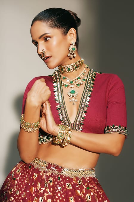 Shop_Mahima Mahajan_Red Chanderi , Organza Embroidery, Laxmi Hand Bridal Lehenga Set _Online_at_Aza_Fashions