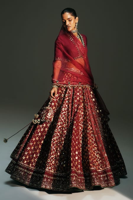 Mahima Mahajan_Red Chanderi , Organza Embroidery, Laxmi Hand Bridal Lehenga Set _at_Aza_Fashions