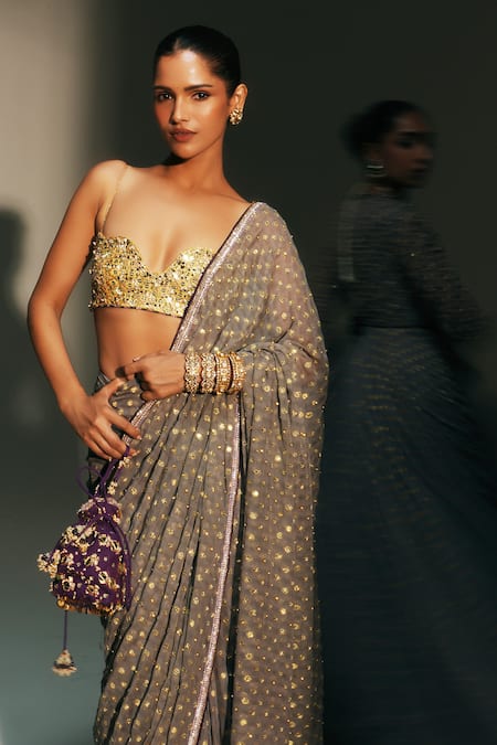 Shop Mahima Mahajan Gray Georgette, Chanderi Silk Foil Tia Hand Pre-draped Saree With Bralette Online at Aza Fashions Shop_Mahima Mahajan_Gray Georgette, Chanderi Silk Foil Tia Hand Pre-draped Saree With Bralette _Online_at_Aza_Fashions