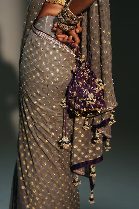 Mahima Mahajan Gray Georgette, Chanderi Silk Foil Tia Hand Pre-draped Saree With Bralette at Aza Fashions Mahima Mahajan_Gray Georgette, Chanderi Silk Foil Tia Hand Pre-draped Saree With Bralette _at_Aza_Fashions