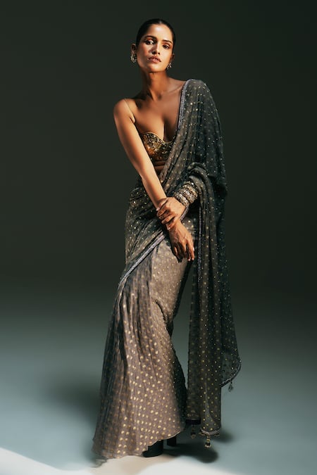 Buy Mahima Mahajan Gray Georgette, Chanderi Silk Foil Tia Hand Pre-draped Saree With Bralette Buy_Mahima Mahajan_Gray Georgette, Chanderi Silk Foil Tia Hand Pre-draped Saree With Bralette