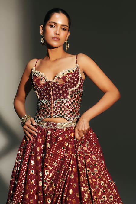 Buy Mahima Mahajan Red , , , Organza Mala Hand Kali Lehenga Set Online at Aza Fashions Buy_Mahima Mahajan_Red , , , Organza Mala Hand Kali Lehenga Set _Online_at_Aza_Fashions