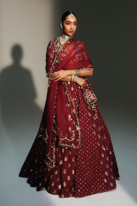 Mahima Mahajan_Red Chanderi , Organza Embroidery, Mirrors, Devi Hand Kali Lehenga Set _Online_at_Aza_Fashions