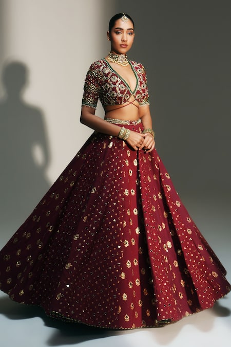 Buy_Mahima Mahajan_Red Chanderi , Organza Embroidery, Mirrors, Devi Hand Kali Lehenga Set _Online_at_Aza_Fashions