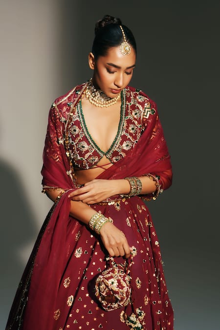 Shop_Mahima Mahajan_Red Chanderi , Organza Embroidery, Mirrors, Devi Hand Kali Lehenga Set _Online_at_Aza_Fashions