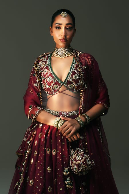 Mahima Mahajan_Red Chanderi , Organza Embroidery, Mirrors, Devi Hand Kali Lehenga Set _at_Aza_Fashions