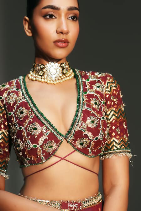 Buy_Mahima Mahajan_Red Chanderi , Organza Embroidery, Mirrors, Devi Hand Kali Lehenga Set 