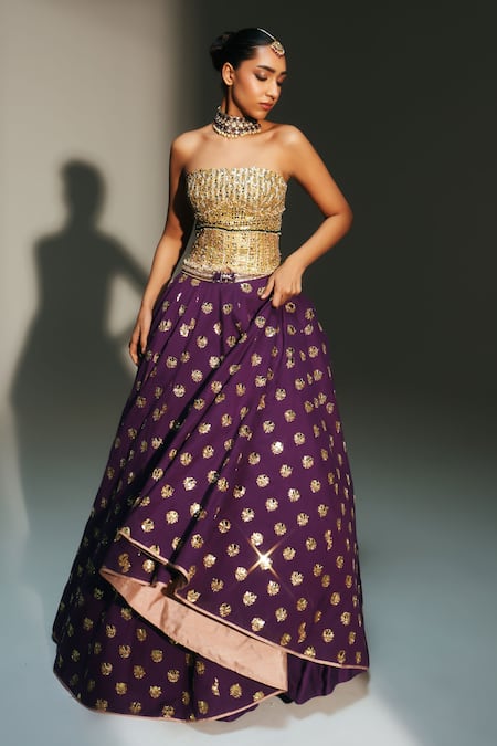 Buy_Mahima Mahajan_Purple Chanderi , Chanderi, Organza Bindiya Butti Lehenga Set _Online_at_Aza_Fashions