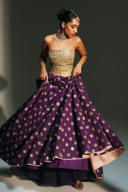 Mahima Mahajan_Purple Chanderi , Chanderi, Organza Bindiya Butti Lehenga Set _at_Aza_Fashions