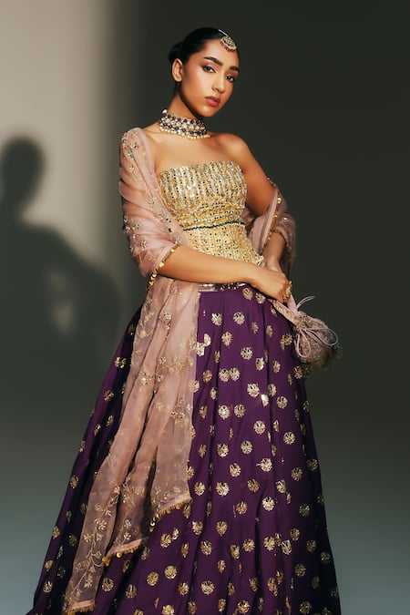 Buy_Mahima Mahajan_Purple Chanderi , Chanderi, Organza Bindiya Butti Lehenga Set 