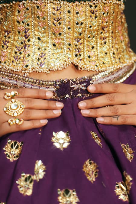 Shop_Mahima Mahajan_Purple Chanderi , Chanderi, Organza Bindiya Butti Lehenga Set 