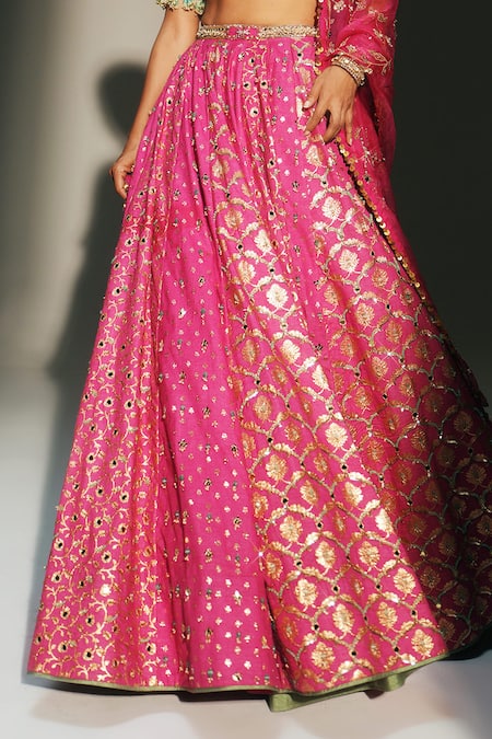 Shop Mahima Mahajan Pink Chanderi , Organza Embroidery, Zari, Sri Hand Lehenga Set Online at Aza Fashions Shop_Mahima Mahajan_Pink Chanderi , Organza Embroidery, Zari, Sri Hand Lehenga Set _Online_at_Aza_Fashions