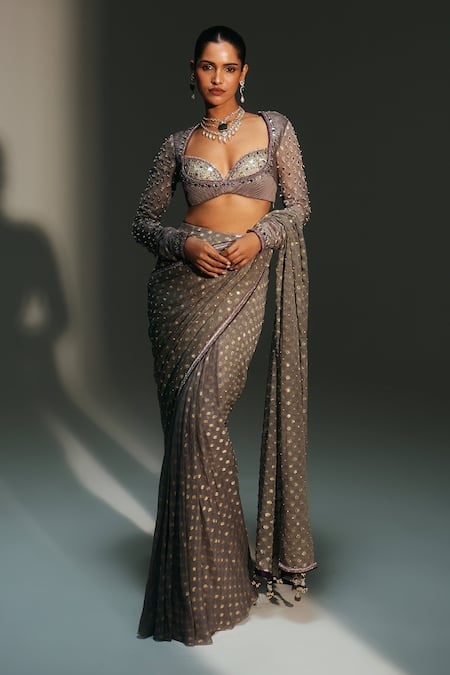 Mahima Mahajan_Gray Chanderi Silk, Driti Hand Embroidered Pre-draped Saree With Blouse _Online_at_Aza_Fashions
