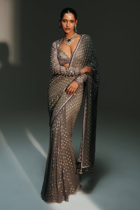 Buy_Mahima Mahajan_Gray Chanderi Silk, Driti Hand Embroidered Pre-draped Saree With Blouse _Online_at_Aza_Fashions