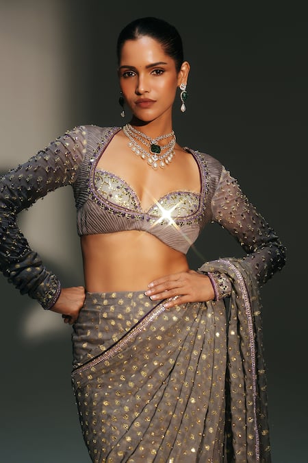 Shop_Mahima Mahajan_Gray Chanderi Silk, Driti Hand Embroidered Pre-draped Saree With Blouse _Online_at_Aza_Fashions