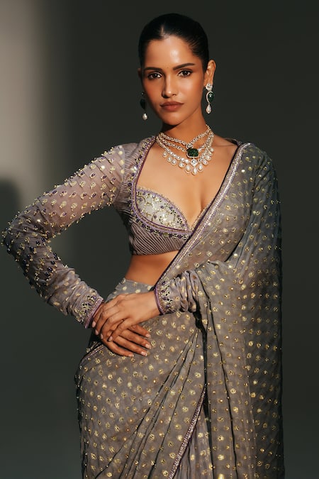 Mahima Mahajan_Gray Chanderi Silk, Driti Hand Embroidered Pre-draped Saree With Blouse _at_Aza_Fashions