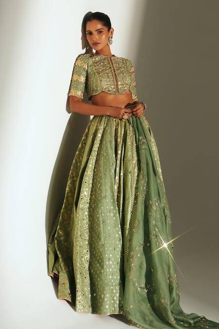 Mahima Mahajan Green Chanderi, , Organza Embroidery, Sequins, Jiya Hand Lehenga Set Online at Aza Fashions Mahima Mahajan_Green Chanderi, , Organza Embroidery, Sequins, Jiya Hand Lehenga Set _Online_at_Aza_Fashions