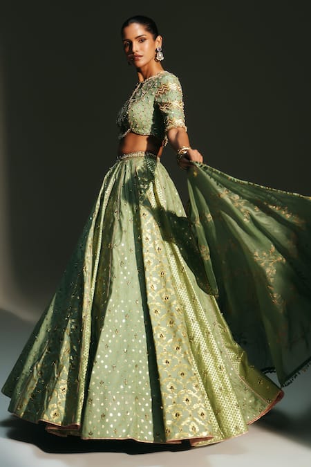 Mahima Mahajan Green Chanderi, , Organza Embroidery, Sequins, Jiya Hand Lehenga Set at Aza Fashions Mahima Mahajan_Green Chanderi, , Organza Embroidery, Sequins, Jiya Hand Lehenga Set _at_Aza_Fashions