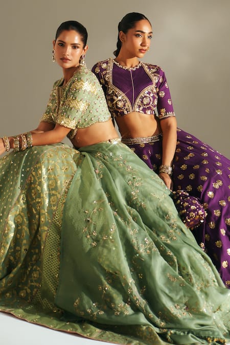 Buy Mahima Mahajan Green Chanderi, , Organza Embroidery, Sequins, Jiya Hand Lehenga Set Buy_Mahima Mahajan_Green Chanderi, , Organza Embroidery, Sequins, Jiya Hand Lehenga Set