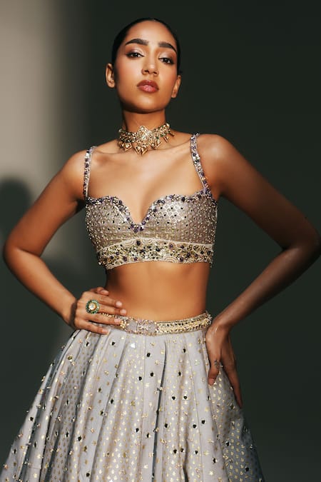 Mahima Mahajan_Gray Chanderi , , Brocade, Organza Leela Hand Kali Lehenga Set _Online_at_Aza_Fashions