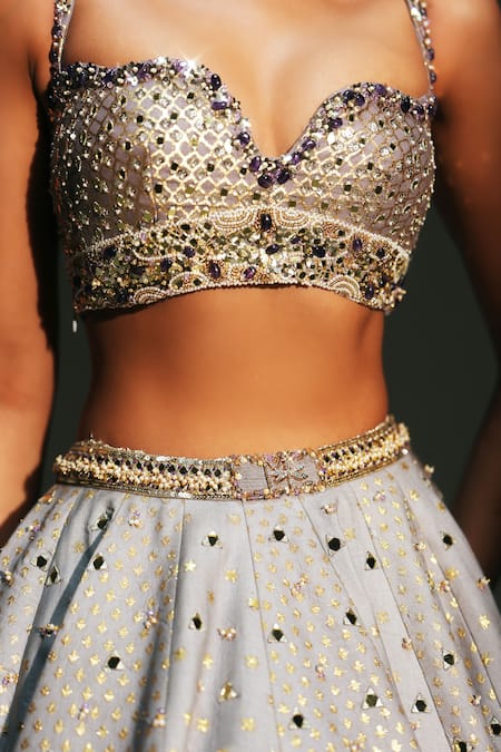 Buy_Mahima Mahajan_Gray Chanderi , , Brocade, Organza Leela Hand Kali Lehenga Set 