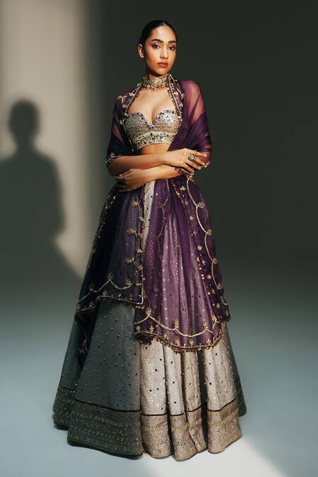 Shop_Mahima Mahajan_Gray Chanderi , , Brocade, Organza Leela Hand Kali Lehenga Set 