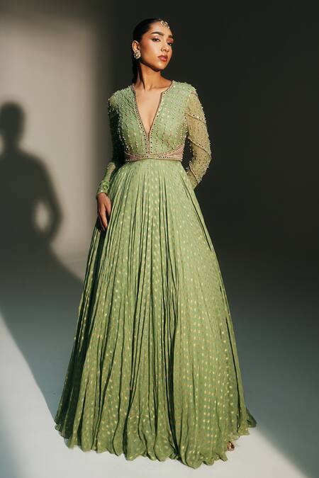 Buy Mahima Mahajan Green Georgette, Silk Organza Embroidery Chaya Hand Anarkali With Dupatta Online at Aza Fashions Buy_Mahima Mahajan_Green Georgette, Silk Organza Embroidery Chaya Hand Anarkali With Dupatta _Online_at_Aza_Fashions