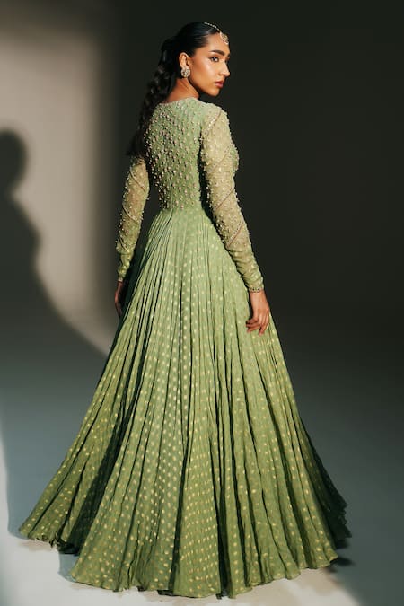 Shop Mahima Mahajan Green Georgette, Silk Organza Embroidery Chaya Hand Anarkali With Dupatta Online at Aza Fashions Shop_Mahima Mahajan_Green Georgette, Silk Organza Embroidery Chaya Hand Anarkali With Dupatta _Online_at_Aza_Fashions