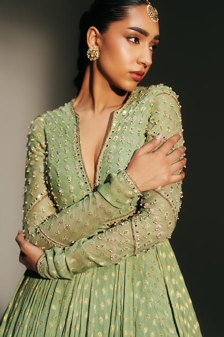 Shop Mahima Mahajan Green Georgette, Silk Organza Embroidery Chaya Hand Anarkali With Dupatta Shop_Mahima Mahajan_Green Georgette, Silk Organza Embroidery Chaya Hand Anarkali With Dupatta