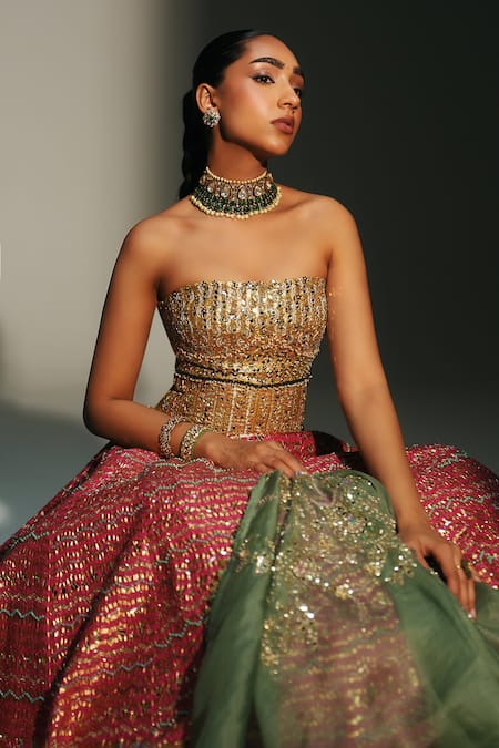 Mahima Mahajan Pink Chanderi , Organza Embroidery, Garima Hand Lehenga Corset Set Online at Aza Fashions Mahima Mahajan_Pink Chanderi , Organza Embroidery, Garima Hand Lehenga Corset Set _Online_at_Aza_Fashions