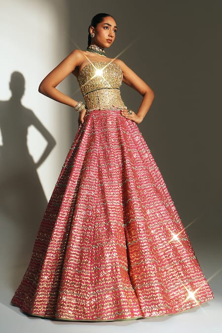 Shop Mahima Mahajan Pink Chanderi , Organza Embroidery, Garima Hand Lehenga Corset Set Online at Aza Fashions Shop_Mahima Mahajan_Pink Chanderi , Organza Embroidery, Garima Hand Lehenga Corset Set _Online_at_Aza_Fashions