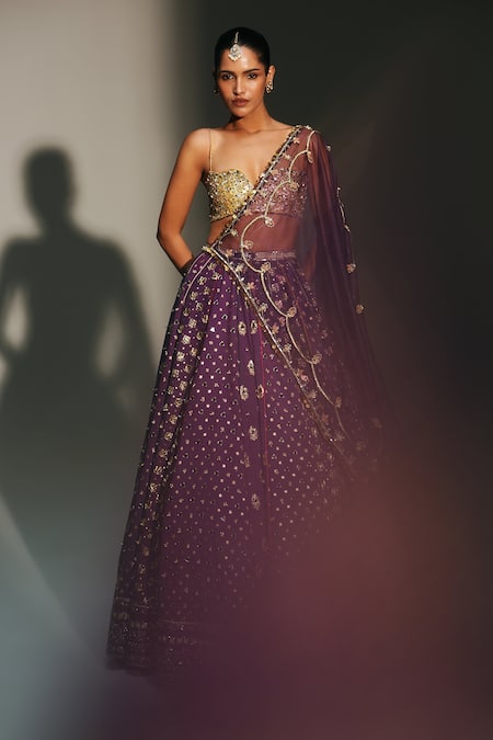 Mahima Mahajan Purple Chanderi , Organza Embroidery, Sequins, Trisha Hand Lehenga Set Online at Aza Fashions Mahima Mahajan_Purple Chanderi , Organza Embroidery, Sequins, Trisha Hand Lehenga Set _Online_at_Aza_Fashions