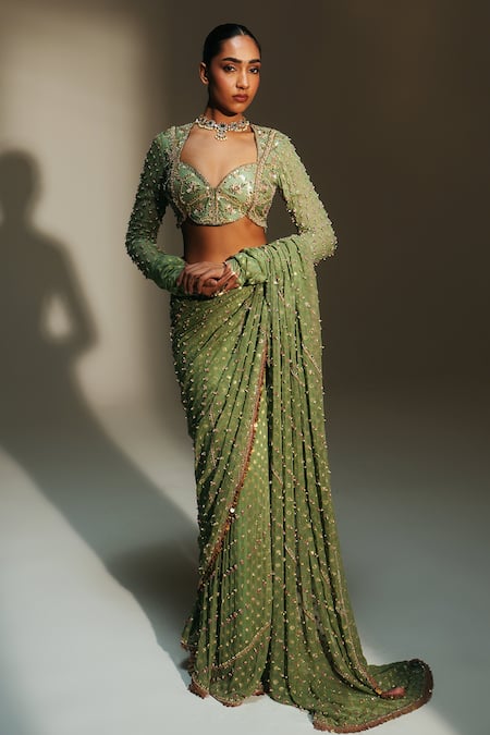 Mahima Mahajan Green Georgette Sequins, Embroidery Unnati Pre-draped Saree With Blouse Online at Aza Fashions Mahima Mahajan_Green Georgette Sequins, Embroidery Unnati Pre-draped Saree With Blouse _Online_at_Aza_Fashions