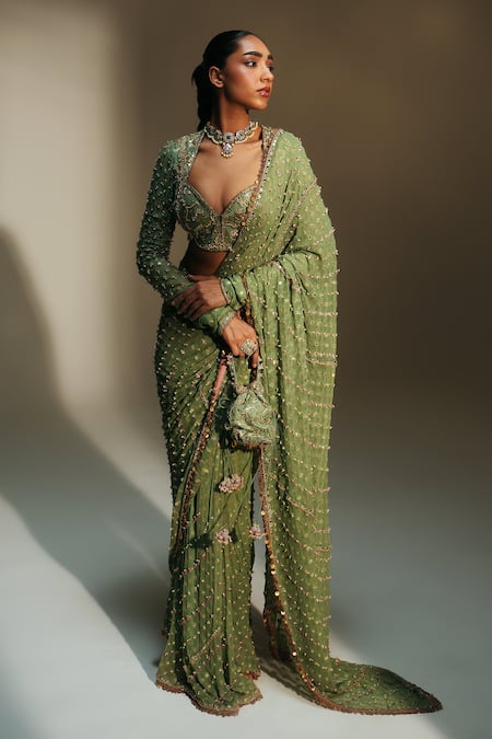 Buy Mahima Mahajan Green Georgette Sequins, Embroidery Unnati Pre-draped Saree With Blouse Online at Aza Fashions Buy_Mahima Mahajan_Green Georgette Sequins, Embroidery Unnati Pre-draped Saree With Blouse _Online_at_Aza_Fashions