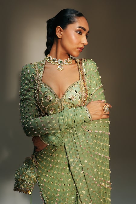 Mahima Mahajan Green Georgette Sequins, Embroidery Unnati Pre-draped Saree With Blouse at Aza Fashions Mahima Mahajan_Green Georgette Sequins, Embroidery Unnati Pre-draped Saree With Blouse _at_Aza_Fashions