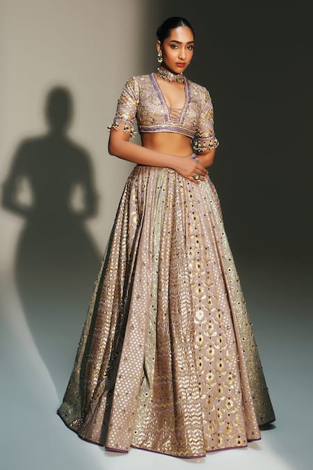Mahima Mahajan_Gray Chanderi, Organza, Embroidery, Beads, Noorah Hand Lehenga Set _Online_at_Aza_Fashions