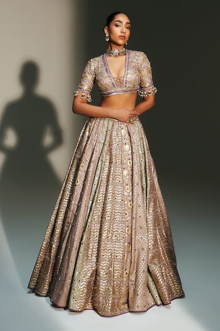 Buy_Mahima Mahajan_Gray Chanderi, Organza, Embroidery, Beads, Noorah Hand Lehenga Set _Online_at_Aza_Fashions