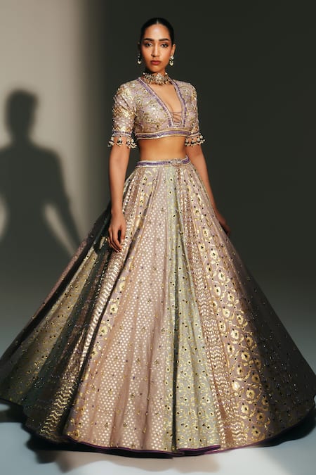 Shop_Mahima Mahajan_Gray Chanderi, Organza, Embroidery, Beads, Noorah Hand Lehenga Set _Online_at_Aza_Fashions