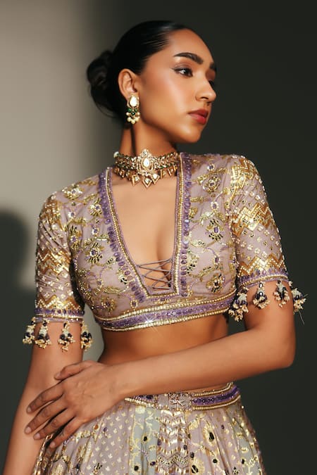 Mahima Mahajan_Gray Chanderi, Organza, Embroidery, Beads, Noorah Hand Lehenga Set _at_Aza_Fashions